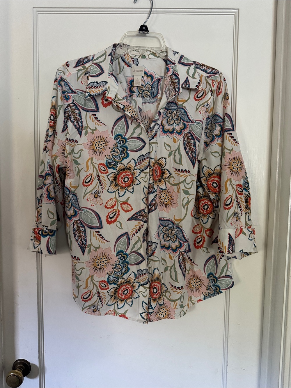 Chico's Cream Button-Down Shirt with Multicolor Floral Print